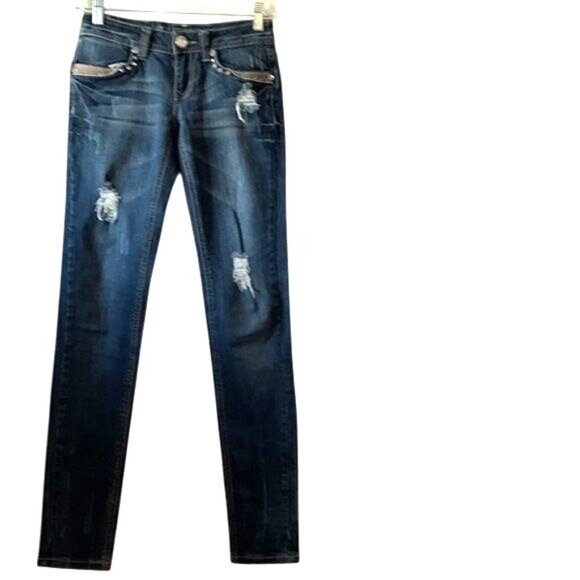 L.A. Idol Womens Distressed Skinny Jeans Size 1 With Rhinestone & Stud Accents - Picture 1 of 14